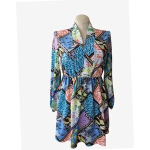 Sunday Up dress sz S  Patchwork Tropical Animal Print  Mini Blue Cottagecore
